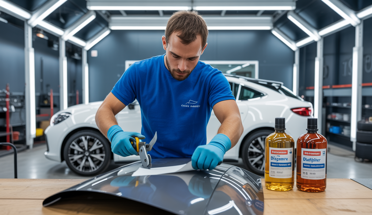 Poseur professionnel de covering automobile appliquant un film adhésif sur une voiture dans un atelier moderne, illustrant les métiers spécialisés de l'automobile en 2025.