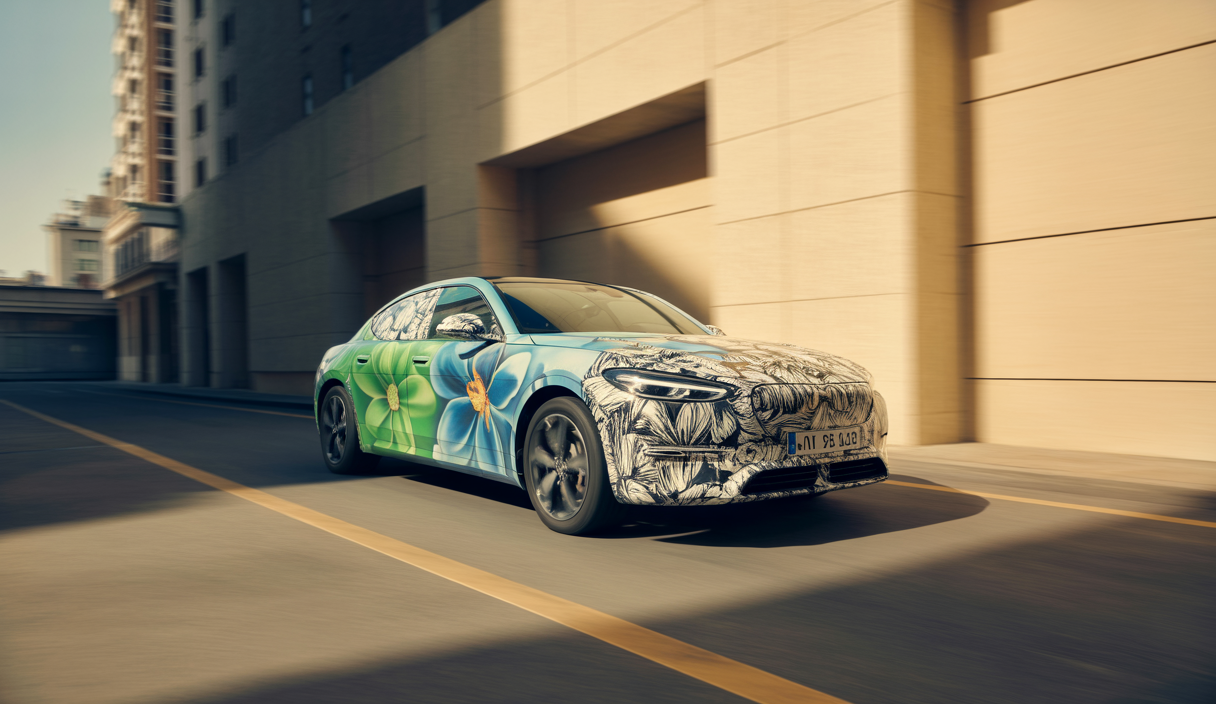 Vue stylisée d'une voiture avec un wrap automobile, illustrant l'impact du climat et de l'entretien sur sa durée de vie.