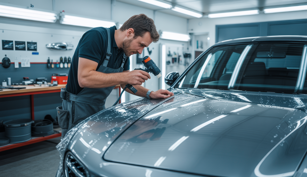 Un poseur de covering professionnel appliquant un film adhésif vinyle sur la carrosserie d'une voiture moderne dans un atelier bien éclairé en France