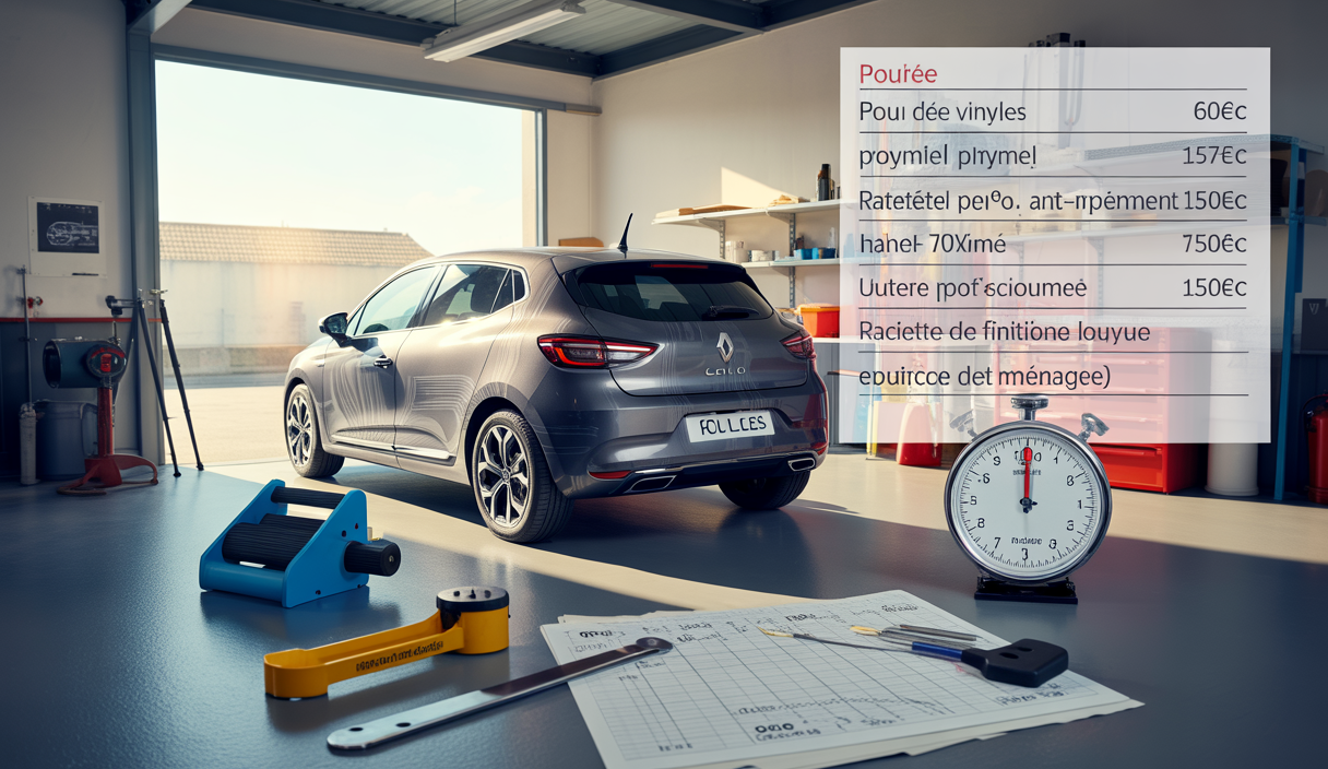 Illustration détaillée d'un cas pratique pour calculer le prix d'une pose de covering automobile avec estimation des coûts de films vinyles, outillage de base et temps de pose
