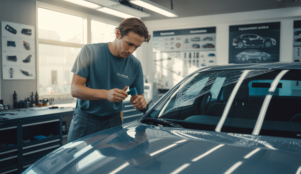 Poseur de covering automobile appliquant un film adhésif sur une voiture dans un atelier professionnel