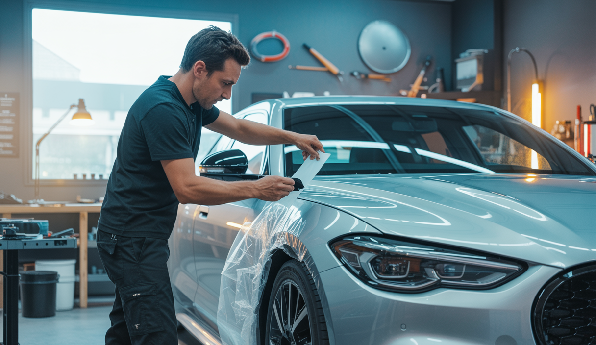 Poseur professionnel appliquant un covering automobile sur une voiture moderne dans un atelier lumineux et propre, démontrant des gestes précis et une maîtrise technique avancée