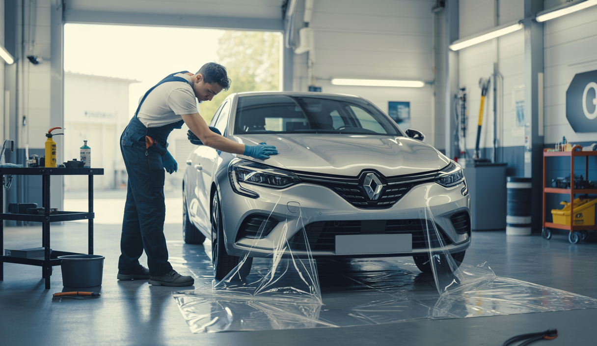 Illustration d'un professionnel débutant posant un film de covering sur une voiture dans un atelier lumineux, montrant l'attention au détail et les outils nécessaires