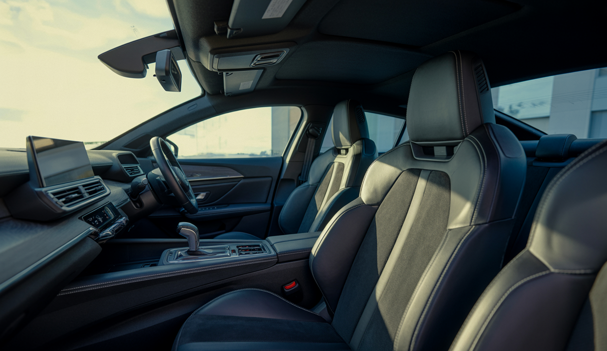 Intérieur d’une Peugeot 508 et d’une Renault Talisman avec un covering sur mesure, montrant une personnalisation moderne et élégante du tableau de bord et des surfaces intérieures