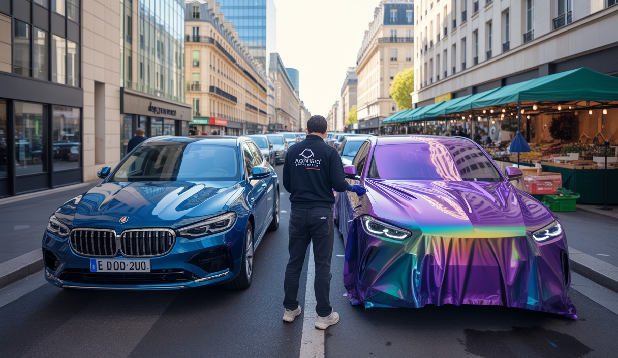 Comparaison entre covering et peinture automobile avec un focus sur les tendances 2025 du car wrapping en Île-de-France, incluant les couleurs de vinyles, compétences professionnelles et entreprises clés du secteur