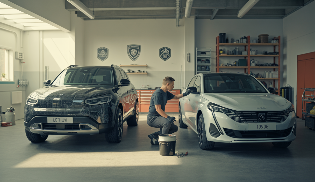 Comparatif détaillé entre covering et peinture complète de voiture en 2025 avec illustration d’un garage moderne et voitures en cours d’intervention