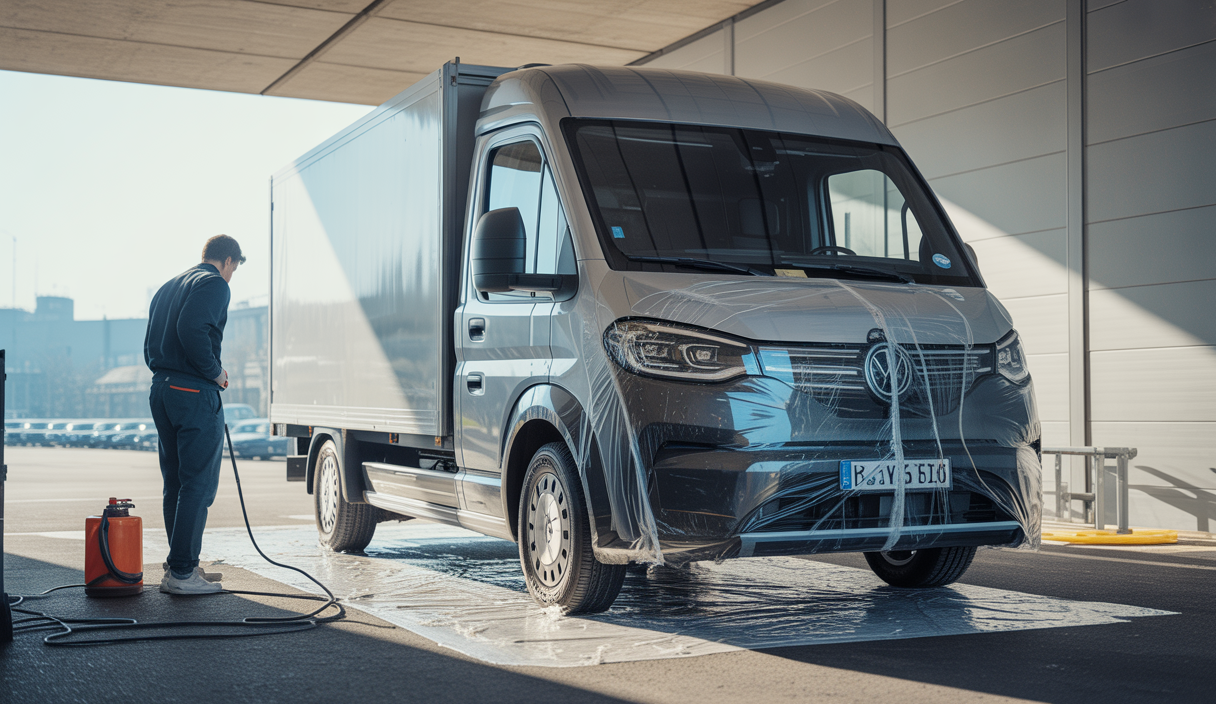 Utilitaire de livraison express avec covering voiture exposé à une zone d'usure élevée, montrant un film adhésif partiellement usé et des experts en train d'appliquer des stratégies d'entretien spécifiques