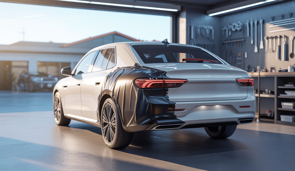 Voiture en cours de covering montrant une application partielle du film vinyle sur le capot.