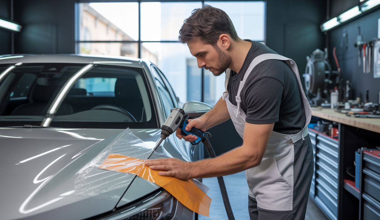 Un professionnel posant un film covering sur une voiture moderne dans un atelier dédié avec outils spécialisés et éclairage naturel