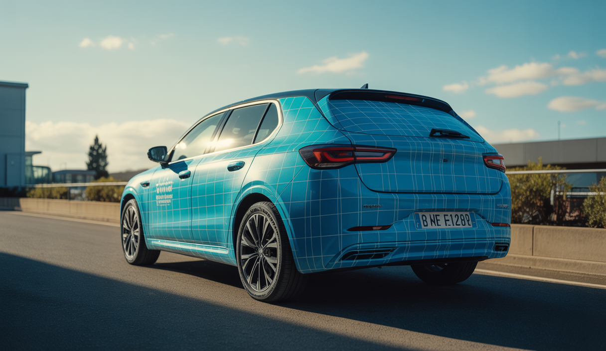 Voiture recouverte d'un film covering illustrant la durée de vie selon zones exposées et conditions climatiques