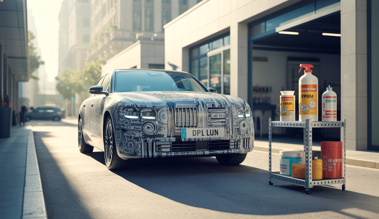 Voiture avec covering brillant bien entretenu, illustrant la durée de vie, le nettoyage régulier et les produits recommandés pour préserver le film adhésif