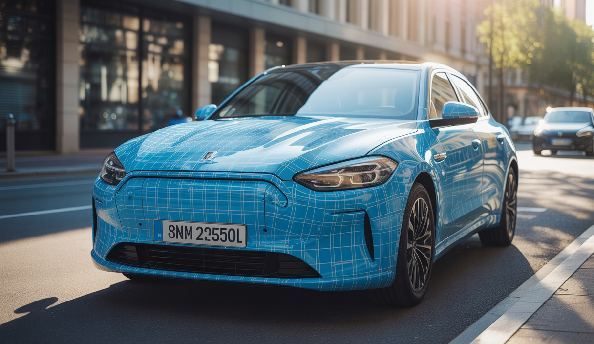 Voiture avec covering vinyle de haute qualité protégée par traitement céramique brillant sous lumière naturelle, illustrant longévité et protection optimale