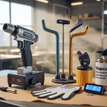 Kit d'outils professionnels indispensables pour débuter le covering vinyle automobile, avec pistolet à air chaud, raclettes de différentes textures, cutter spécial, gants de pose, thermomètre laser, et alcool isopropylique, sur fond d'atelier auto propre et lumineux