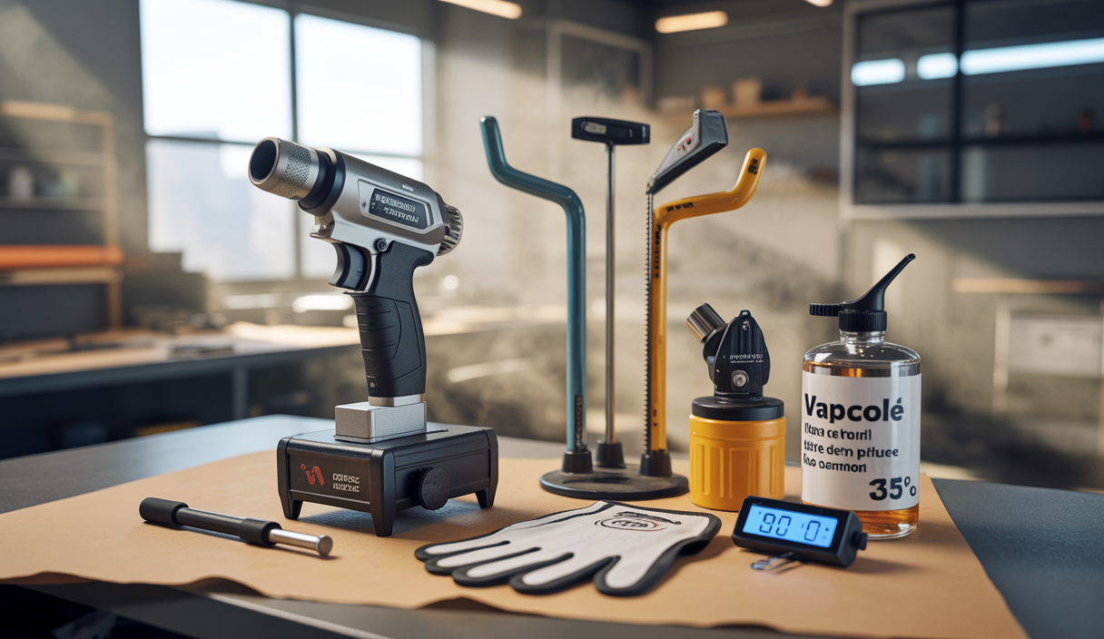 Kit d'outils professionnels indispensables pour débuter le covering vinyle automobile, avec pistolet à air chaud, raclettes de différentes textures, cutter spécial, gants de pose, thermomètre laser, et alcool isopropylique, sur fond d'atelier auto propre et lumineux