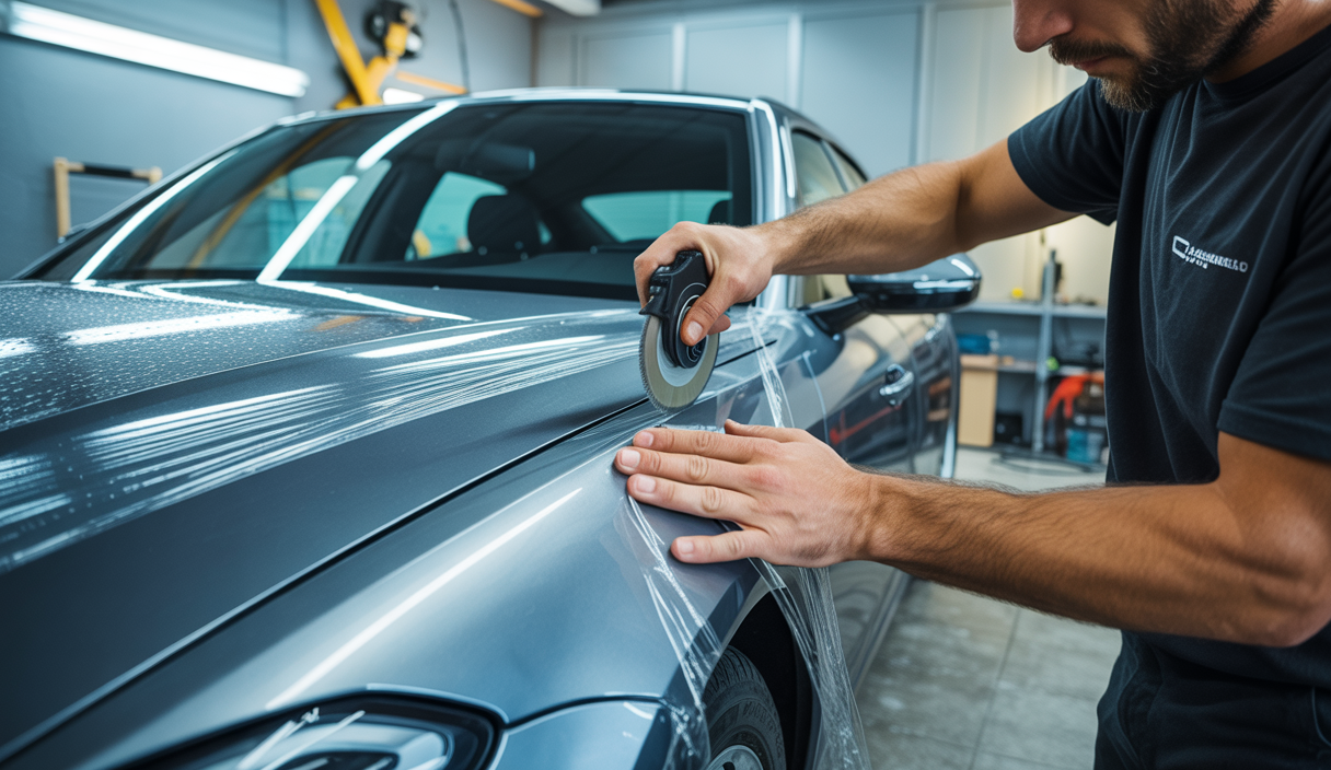 Illustration professionnelle montrant la découpe précise d’un film de wrapping automobile avec un fil de découpe tendu le long des bords de carrosserie, soulignant l’importance d’une méthode attentive pour éviter les défauts majeurs.
