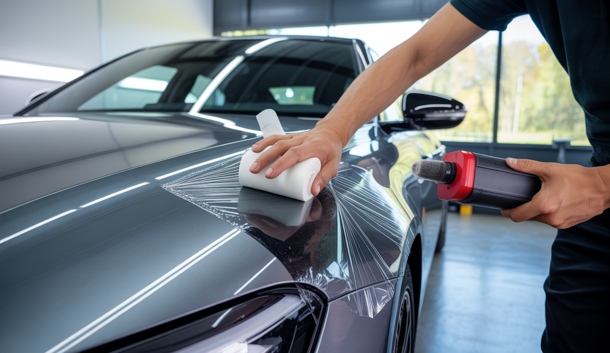 Une personne posant un film de covering vinyl sur une voiture, évitant les bulles d'air et la tension excessive avec une raclette et un décapeur thermique