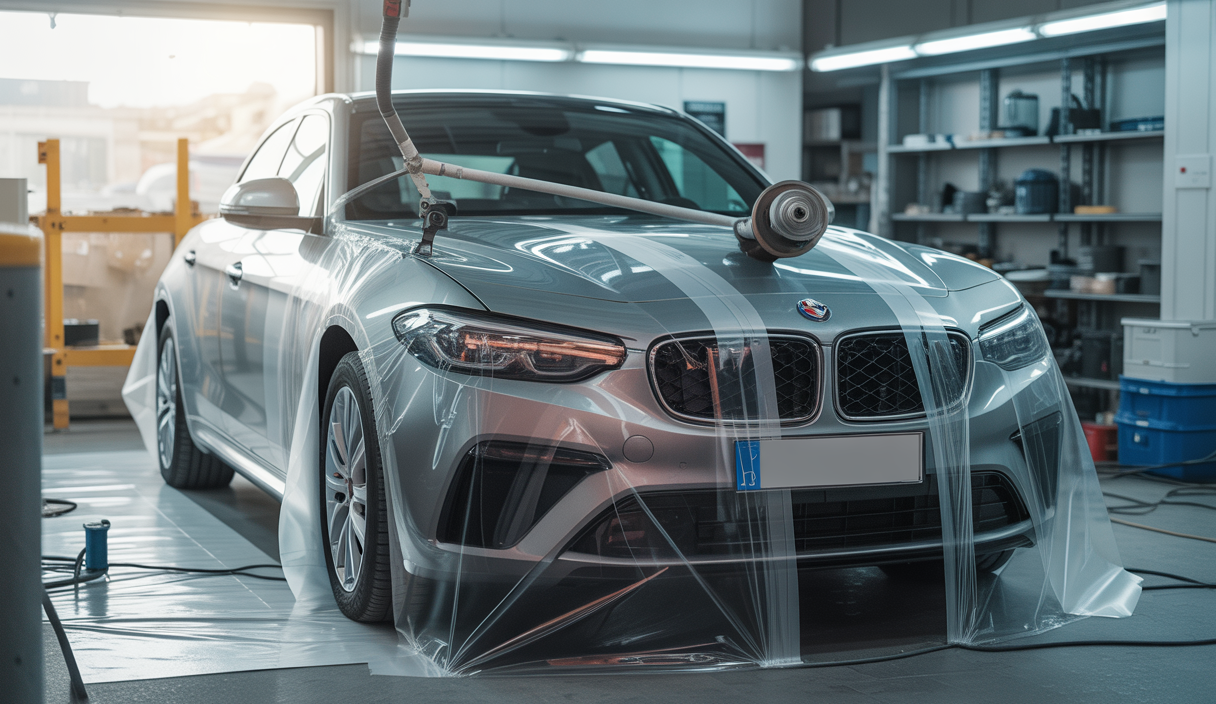 Film de wrapping vinyle appliqué sur une carrosserie de voiture avec zones courbées, illustrant les erreurs fréquentes liées à l'adéquation du film PVC aux formes et sa durabilité