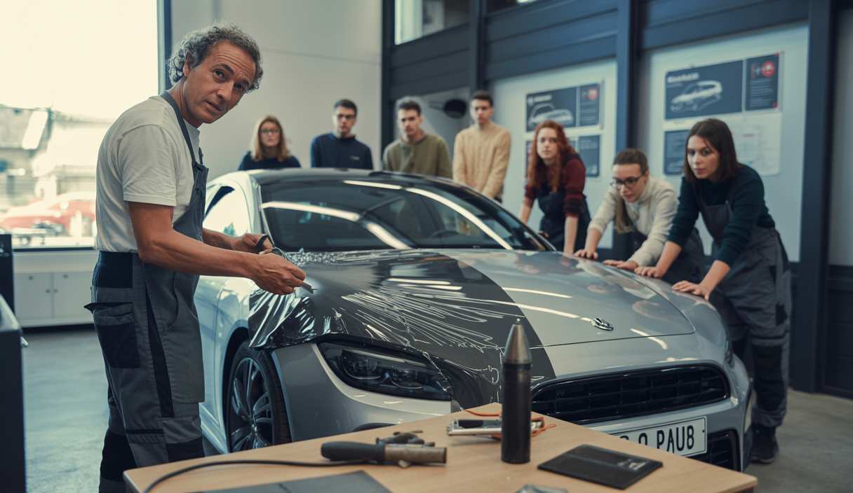 Atelier de formation professionnelle en pose de covering automobile avec formateur expérimenté, apprenants pratiquant la pose de film vinyle sur carrosserie de voiture dans un centre moderne