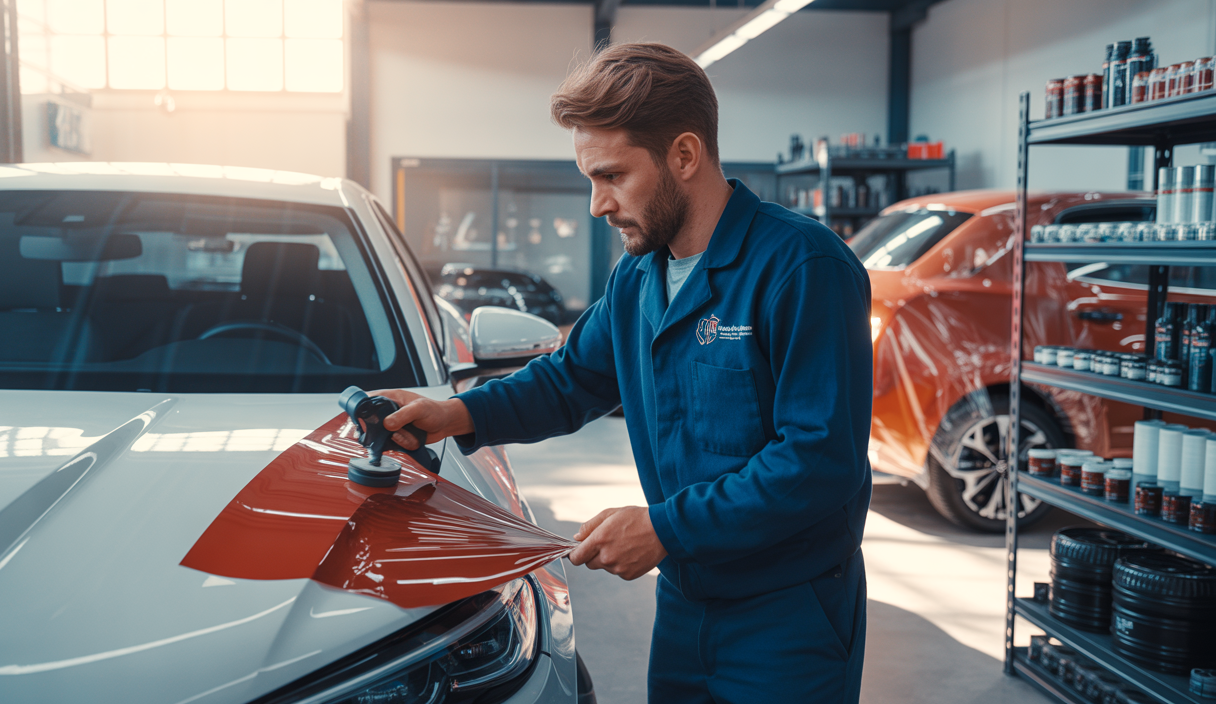 Technicien automobile posant un film adhésif covering sur la carrosserie d'une voiture dans un atelier professionnel lumineux