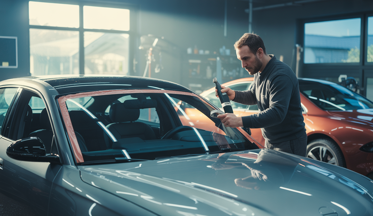 Un technicien pose un film solaire sur la vitre d'un véhicule moderne dans un atelier professionnel lumineux et propre, illustrant la formation spécialisée en covering et personnalisation automobile.
