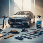 Kit complet pour débuter le covering automobile avec outils ergonomiques disposés sur un fond neutre