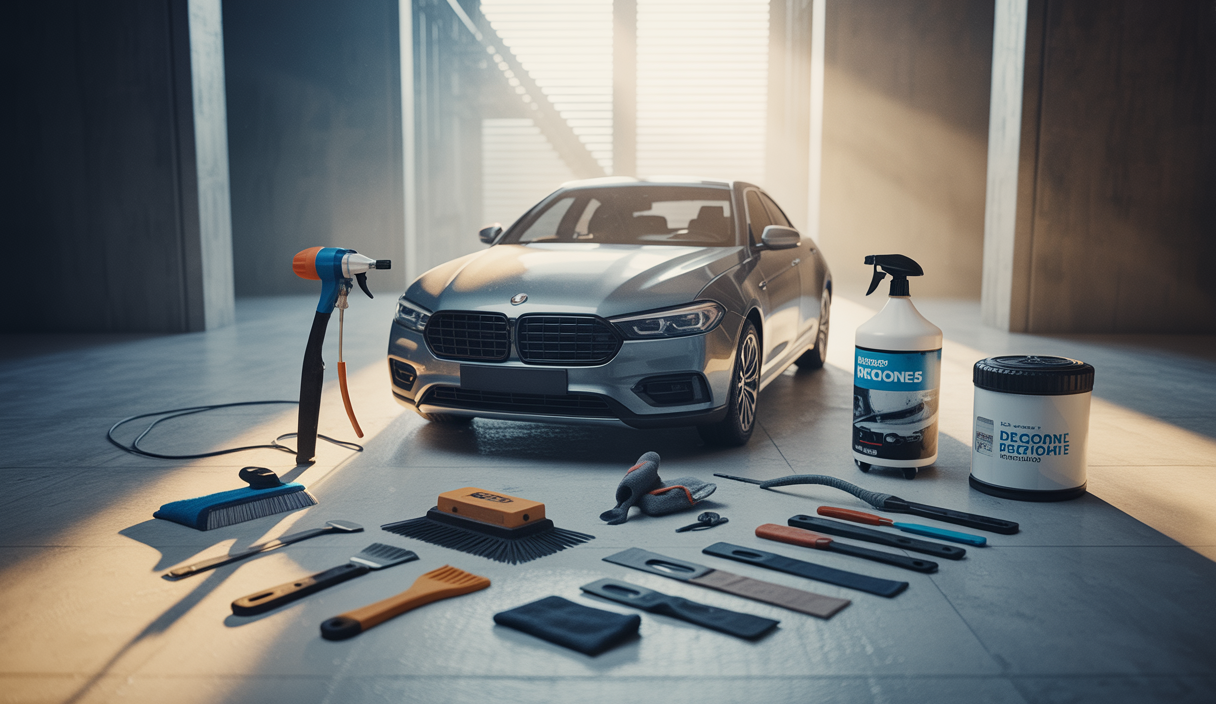 Kit complet pour débuter le covering automobile avec outils ergonomiques disposés sur un fond neutre