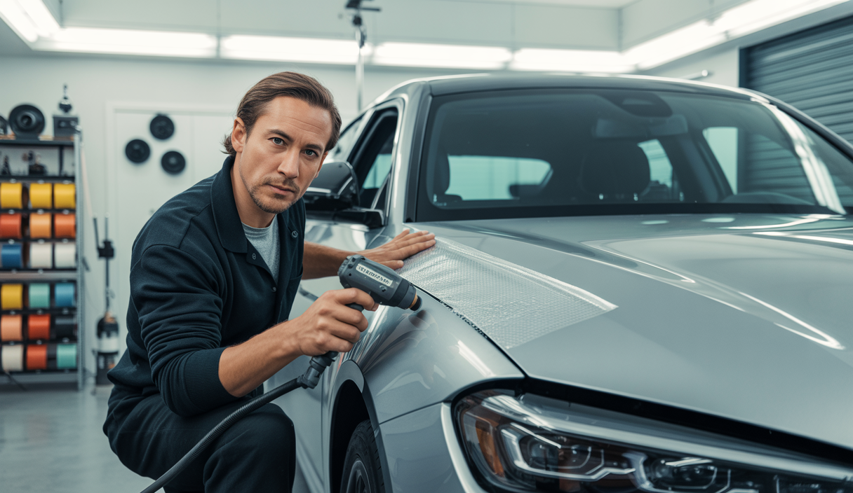 Poseur professionnel appliquant un film adhésif thermoformable sur la carrosserie d'une voiture en atelier lumineux et propre, maîtrisant les gestes précis du covering auto en 2025