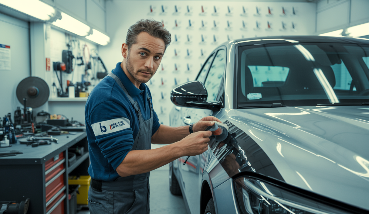 Poseur professionnel de covering automobile en action lors de la pose d'un film adhésif sur une voiture en atelier en France en 2025