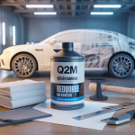 Matériel professionnel pour commencer le covering automobile incluant dégoudronnant, nettoyant spécifique, lingettes microfibres et outils de pose sur un fond de garage lumineux