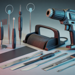 Ensemble d'outils professionnels pour la pose de covering automobile incluant spatule en feutrine, cutter de précision, pistolet thermique, aimants de pose et raclettes, présentés sur un fond clair