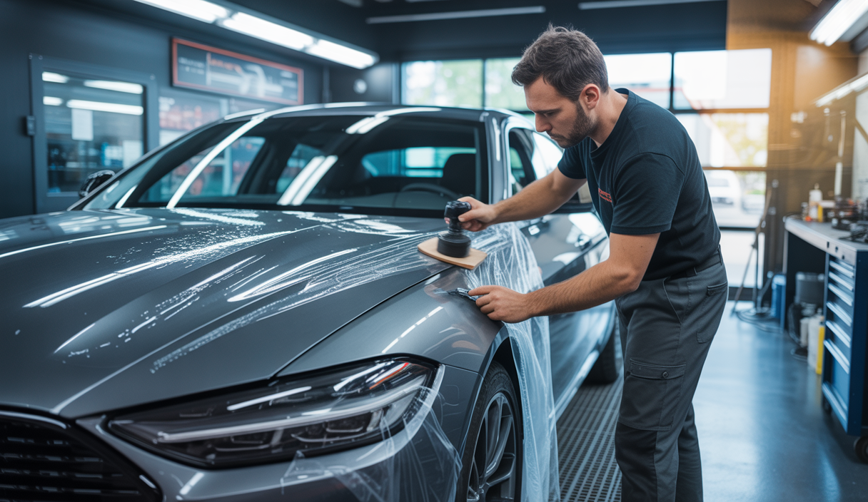 Illustration détaillée d’une pose de covering automobile mettant en avant la gestion thermique, avec un technicien chauffant progressivement un film vinyle avant application sur une carrosserie sombre dans un atelier bien éclairé.