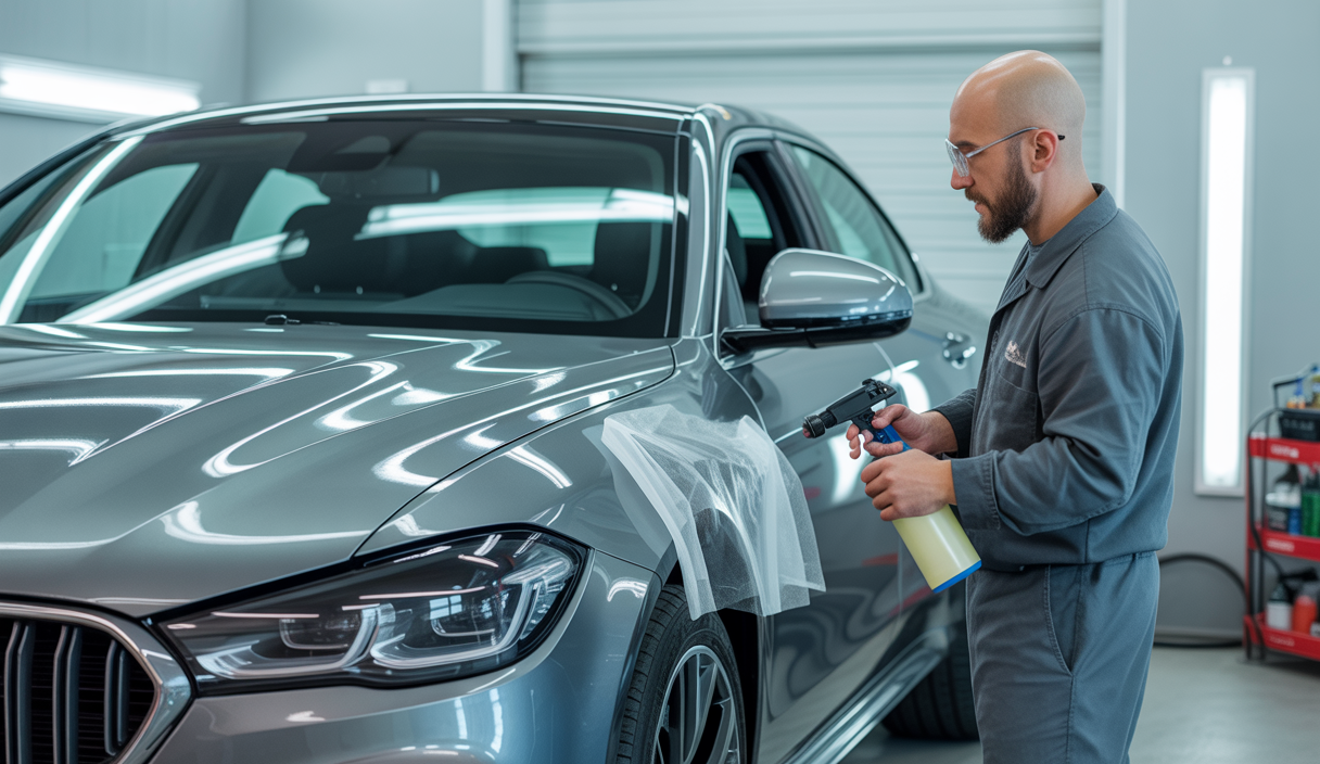 Préparation minutieuse d’une carrosserie de voiture avant pose de film vinyle de wrapping, surface propre et lisse pour adhérence optimale