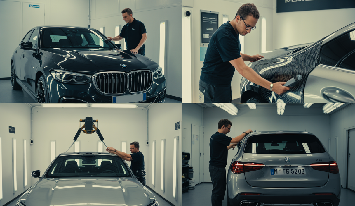 Atelier automobile professionnel spécialisé en films de protection et covering, montrant des techniciens appliquant des films PPF et solaires sur des véhicules haut de gamme dans un environnement moderne et lumineux