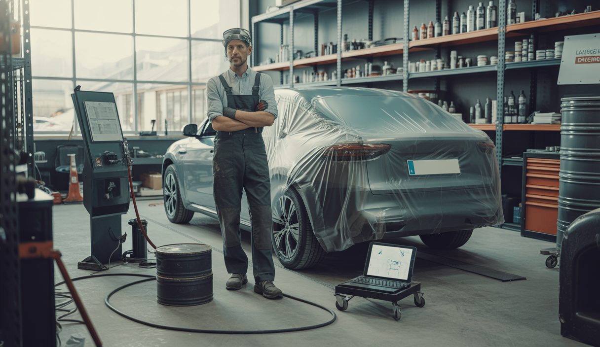 Illustration d'un couvreur automobile indépendant face à un défi de formation et de compétences, entouré d'outils et de documents administratifs.