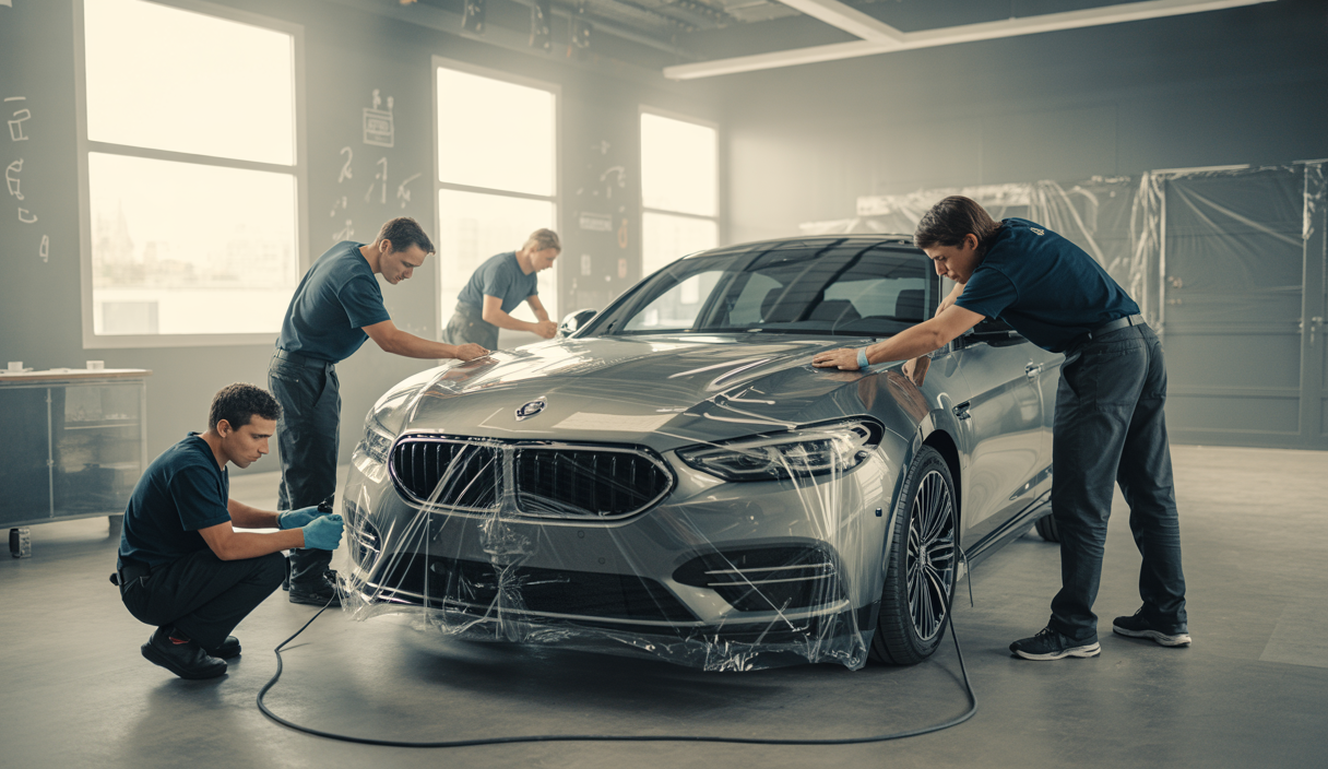 Atelier de formation professionnelle en pose de film automobile montrant des stagiaires appliquant des films vinyles sur une carrosserie de voiture en conditions réelles, avec concentration sur les courbes et la tension du film.