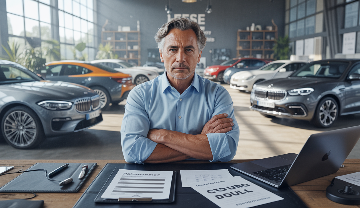 Visuel dynamique illustrant un entrepreneur en esthétique automobile recevant un accompagnement post-formation, avec outils numériques et documents liés au statut et à la prospection commerciale