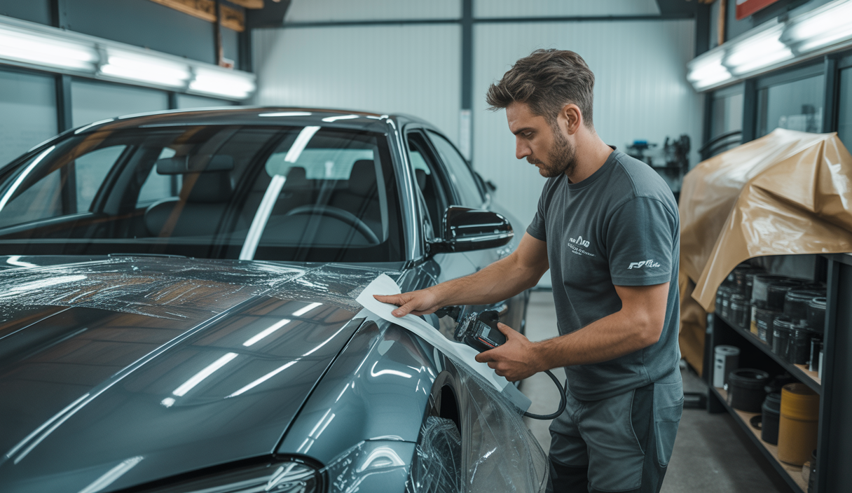 Atelier automobile spécialisé avec opérateur appliquant un film PPF sur une voiture de luxe, avec équipements modernes et ambiance professionnelle