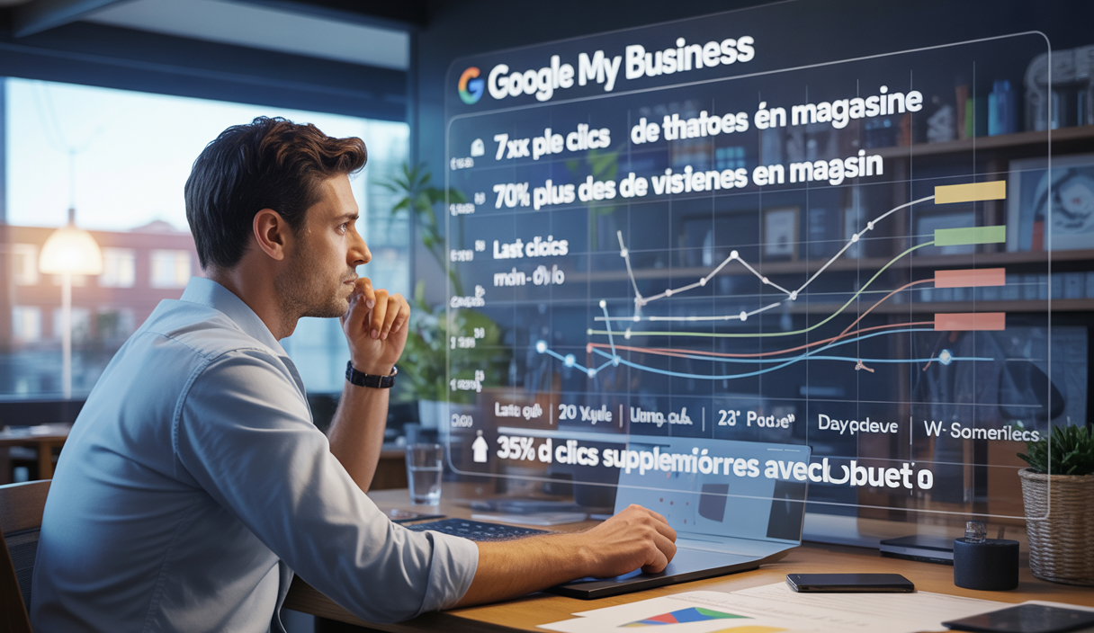 Illustration d'une stratégie marketing digitale illustrant le doublement du chiffre d'affaires via Google My Business avec données chiffrées et méthodes d’attribution