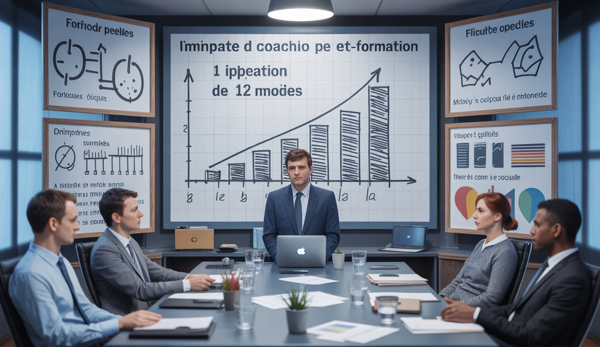 Illustration professionnelle représentant l'absence actuelle de données publiques sur l’impact du coaching post-formation sur 12 mois, avec des éléments graphiques de méthodes d’évaluation et conseils concrets sans chiffres inventés